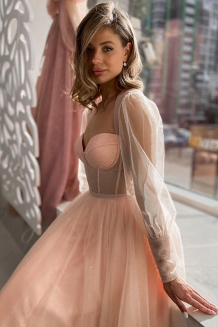 Robe de bal élégante longue en tulle rose coupe trapèze à manches longues Robe de fête pêche