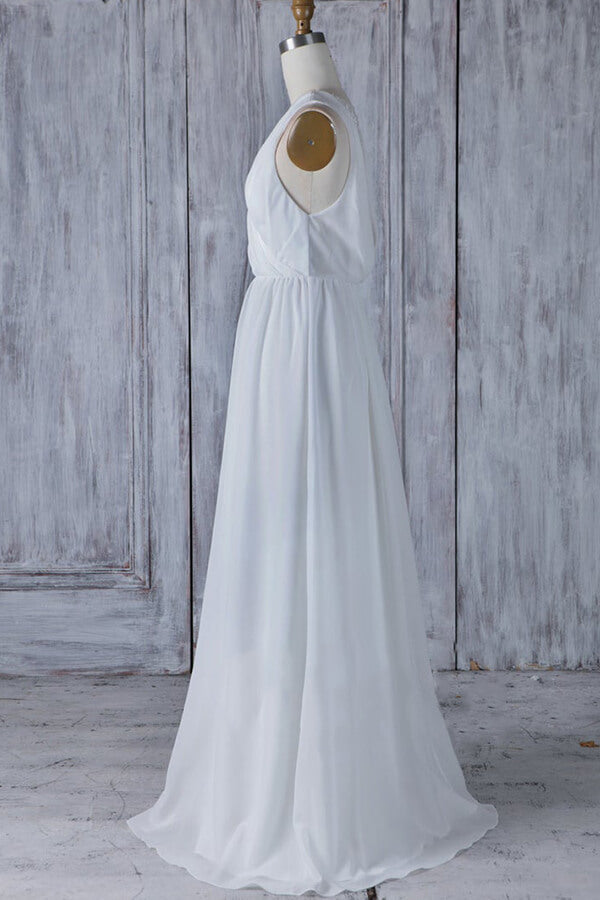 Elegante vestido de novia largo de gasa con encaje y volantes en forma de A