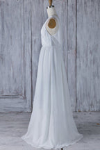 Elegante vestido de novia largo de gasa con encaje y volantes en forma de A
