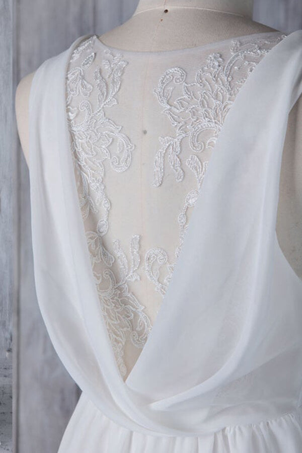Elegante vestido de novia largo de gasa con encaje y volantes en forma de A