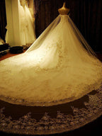 Vestido de Noiva Elegante Comprido em Linha A com Decote Coração, Aplicações e Bordados de Cristais