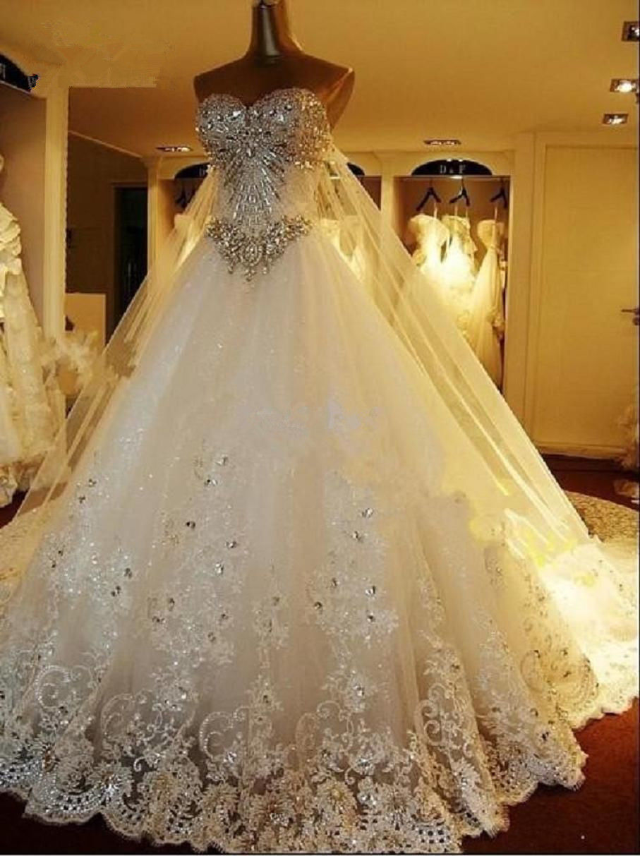Vestido de Noiva Elegante Comprido em Linha A com Decote Coração, Aplicações e Bordados de Cristais