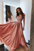 Robe de bal élégante longue en ligne A avec décolleté cœur, appliques en dentelle et fente