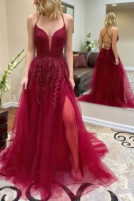Robe de bal élégante longue en tulle, dos nu, ligne A, décolleté cœur avec fente