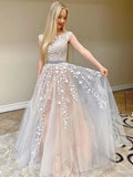 Robes de bal formelles élégantes longues en tulle avec dentelle, col rond et dos nu, coupe en A