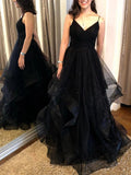 Robes de bal longues élégantes en ligne A, décolleté en V, dos nu, robes de soirée formelles noires