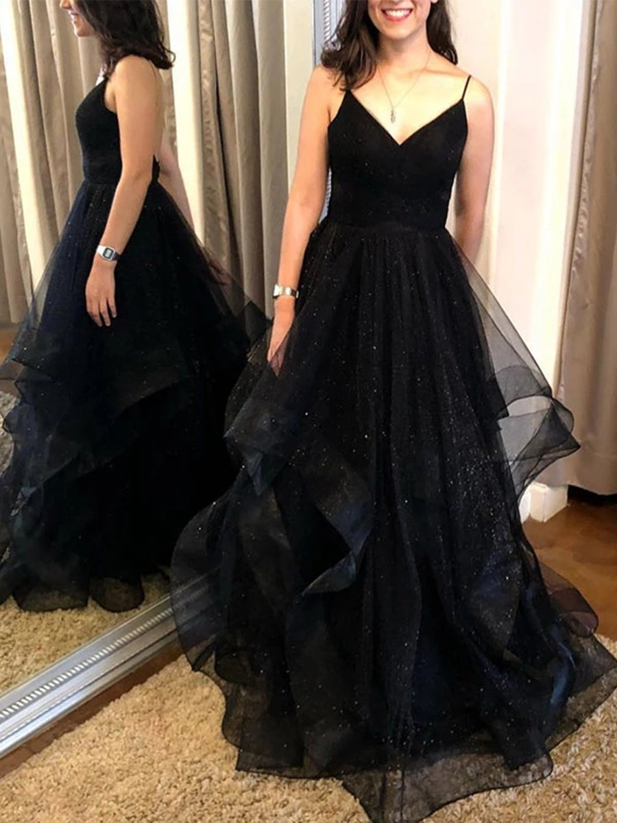 Robes de bal longues élégantes en ligne A, décolleté en V, dos nu, robes de soirée formelles noires