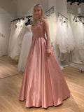 Robes de bal de fin d'études élégantes longues en satin, dos nu, ligne A, col en V