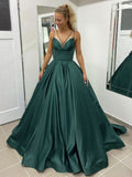 Elegante abito lungo a linea ad A con scollo a V in raso, schiena scoperta, formale per laurea e ballo, con tasche