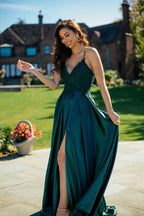 Robe de bal élégante longue en satin, ligne A, sans manches, col en V avec fente