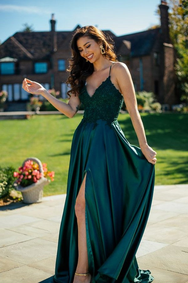 Robe de bal élégante longue en satin, ligne A, sans manches, col en V avec fente