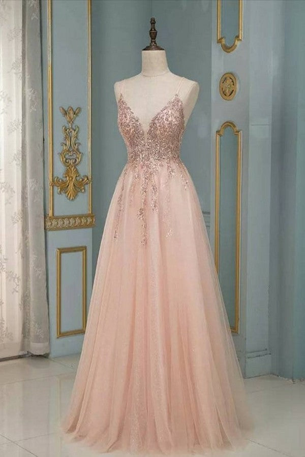 Robe de bal élégante longue en tulle à paillettes, dos nu, en ligne A avec décolleté en V