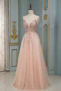 Robe de bal élégante longue en tulle à paillettes, dos nu, en ligne A avec décolleté en V