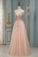 Robe de bal élégante longue en tulle à paillettes, dos nu, en ligne A avec décolleté en V