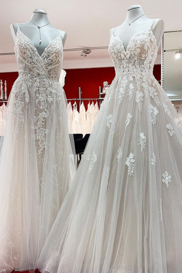 Elegante vestido de novia largo en forma de A con escote en V, sin mangas, con volantes y espalda descubierta
