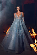 Robe de bal élégante longue en ligne A avec décolleté en V, bretelles, dentelle et paillettes