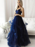 Robes de bal de fin d'études élégantes longues en tulle, coupe évasée, col en V