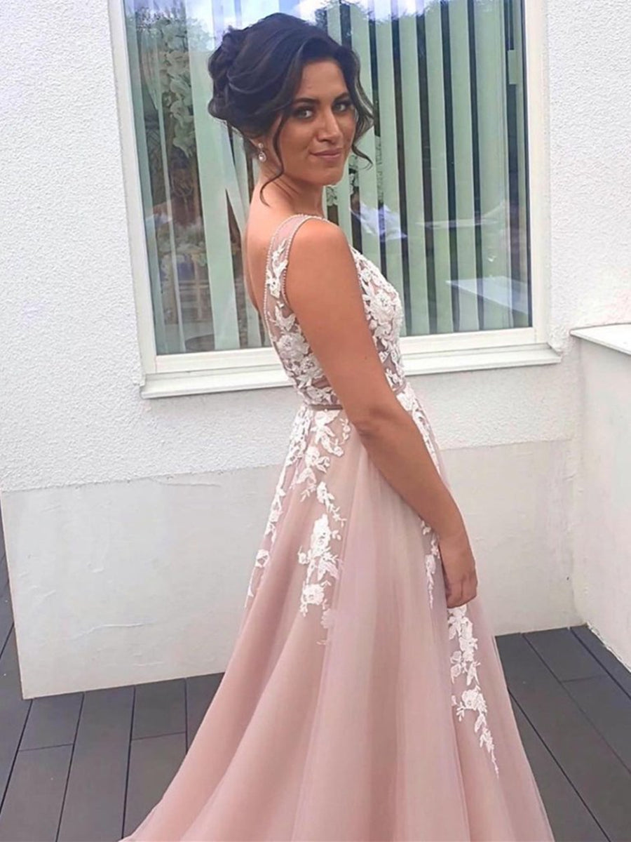 Robes de bal de fin d'études formelles élégantes longues en tulle, ligne A, col en V, dos en dentelle sans dos