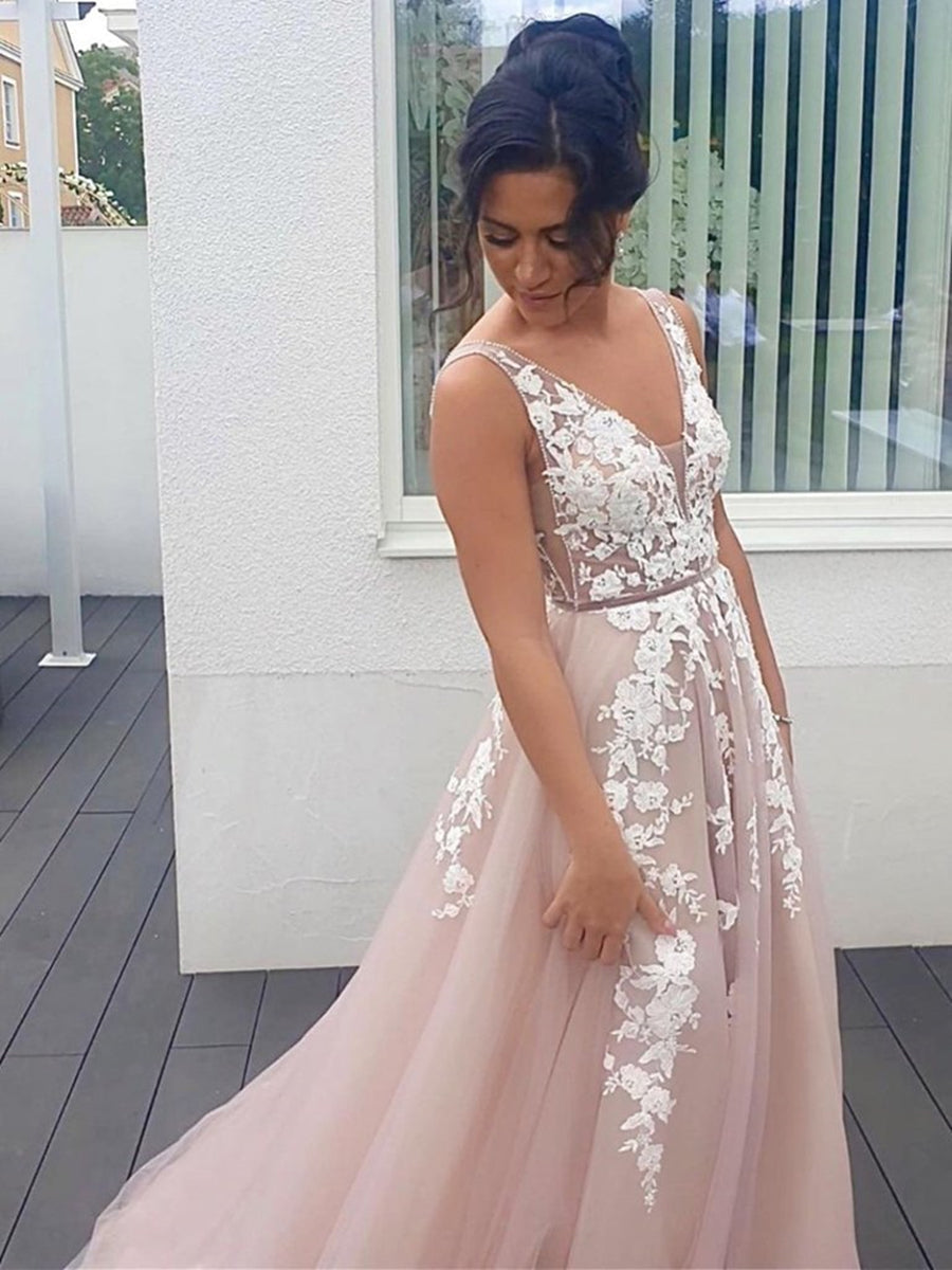 Robes de bal de fin d'études formelles élégantes longues en tulle, ligne A, col en V, dos en dentelle sans dos
