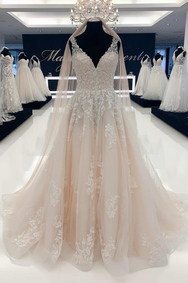 Elegante vestido de novia largo de tul sin mangas con escote en V y encaje