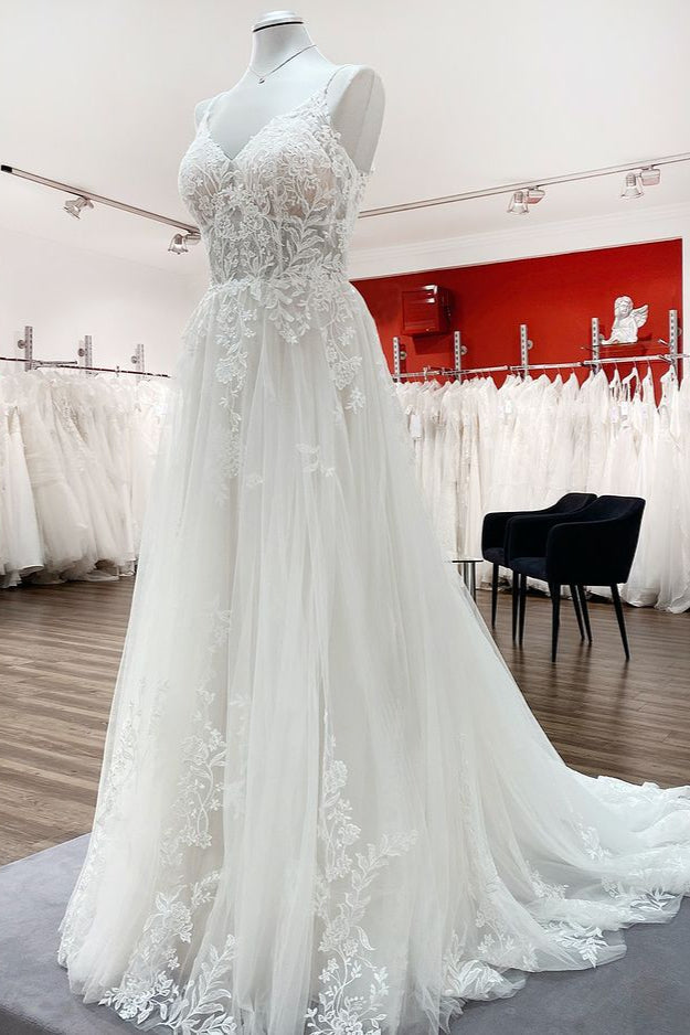 Vestido de Noiva Elegante Comprido em Linha A com Decote em V, Tule, Alças Finas e Renda
