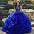 Elegante abito lungo a palloncino con perline preziose in tulle blu reale per Quinceañera