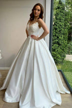 Vestidos Elegantes Longos de Bola com Decote Coração, Alças Finas de Espaguete, Vestido de Noiva em Cetim