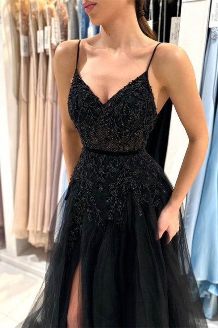 Vestidos de Baile Elegantes Longos Pretos em Linha A com Renda Bordada a Lantejoulas e Fenda