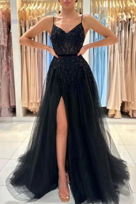 Vestidos de Baile Elegantes Longos Pretos em Linha A com Renda Bordada a Lantejoulas e Fenda