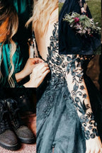 Robes de mariée élégantes longues noires en ligne A à col en V avec manches longues et dentelle