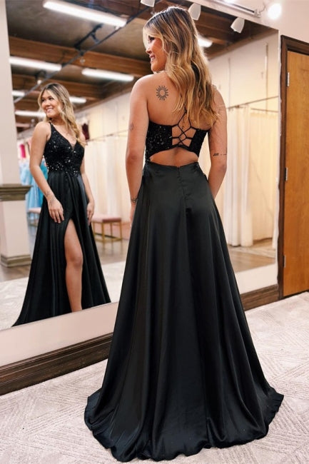 Robe de soirée longue noire élégante en ligne A à col en V ornée de paillettes scintillantes