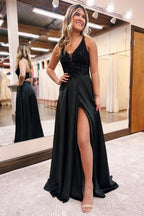 Robe de soirée longue noire élégante en ligne A à col en V ornée de paillettes scintillantes