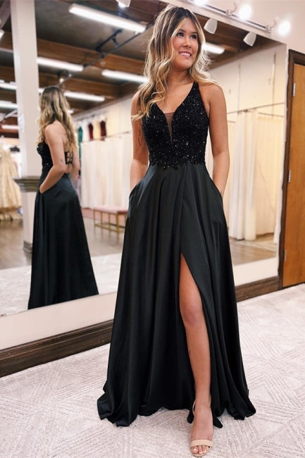 Robe de soirée longue noire élégante en ligne A à col en V ornée de paillettes scintillantes
