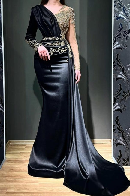 Elegante vestido de noche largo de sirena con cuentas negras y mangas largas
