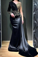 Elegante vestido de noche largo de sirena con cuentas negras y mangas largas