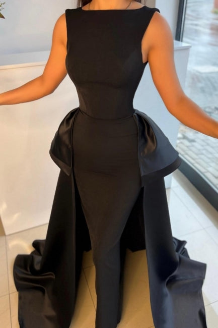 Elegant Long Black Evening Dresses Simple Drom Dresses With Detachable Train