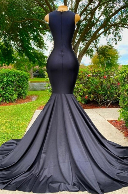 Vestido de Festa Preto Longo Elegante com Rendas de Sereia e Apliques