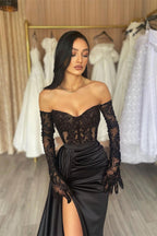 Robe de bal longue noire élégante en dentelle, style sirène, décolletée aux épaules, avec fente