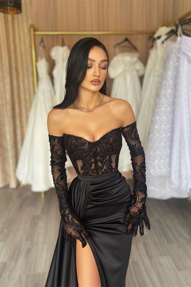 Robe de bal longue noire élégante en dentelle, style sirène, décolletée aux épaules, avec fente