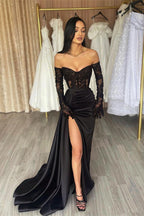 Robe de bal longue noire élégante en dentelle, style sirène, décolletée aux épaules, avec fente