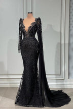 Elegante vestido de noche largo de sirena con escote en V y encaje negro con mangas largas