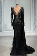Elegante vestido de noche largo de sirena con escote en V y encaje negro con mangas largas
