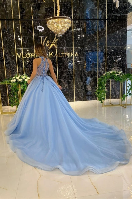 Elegante vestido de fiesta largo azul de corte A, sin mangas, con cuello halter y cuentas, con brillo
