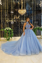 Elegante vestido de fiesta largo azul de corte A, sin mangas, con cuello halter y cuentas, con brillo