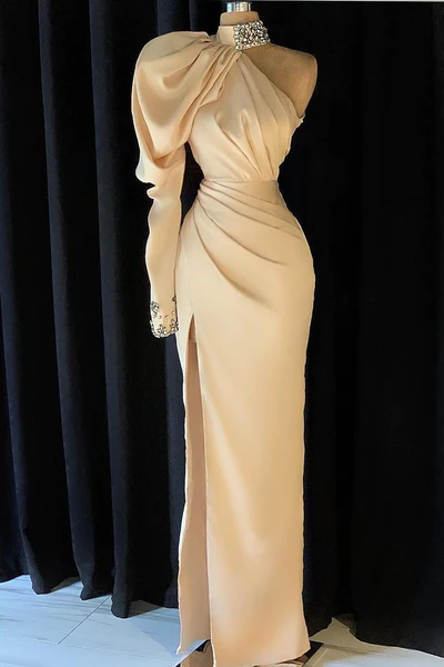 Robe de bal élégante longue champagne à col montant, une épaule, fendue avec fente