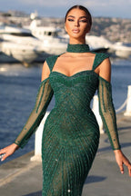 Robe de bal élégante longue vert foncé à perles, décolletée et à manches