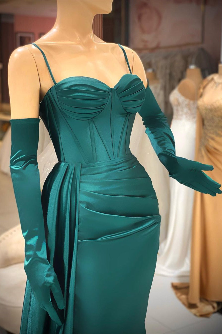 Vestido de Festa Elegante Comprido Verde Escuro com Alças Finas e Folhos