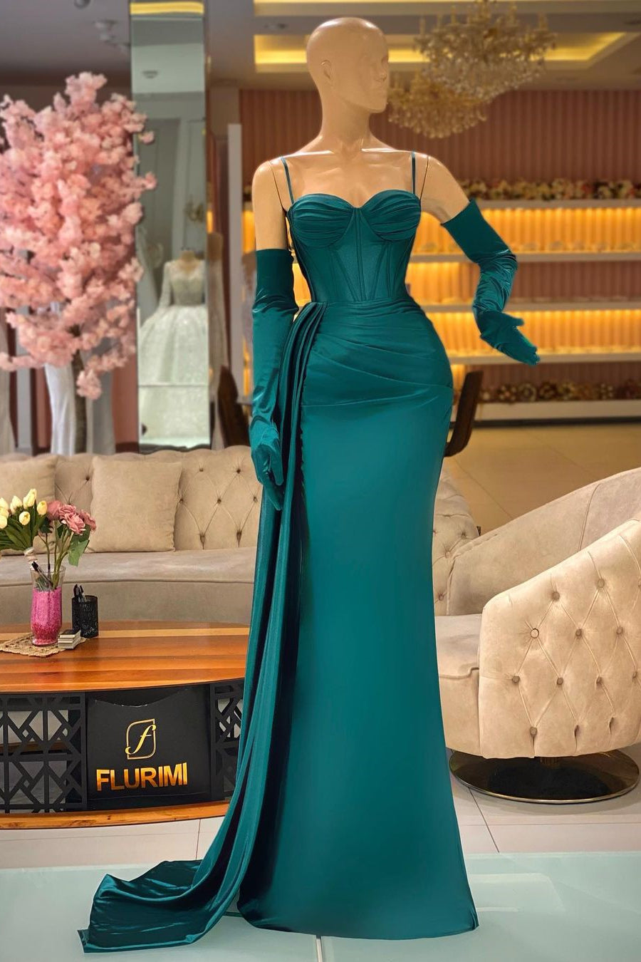 Vestido de Festa Elegante Comprido Verde Escuro com Alças Finas e Folhos