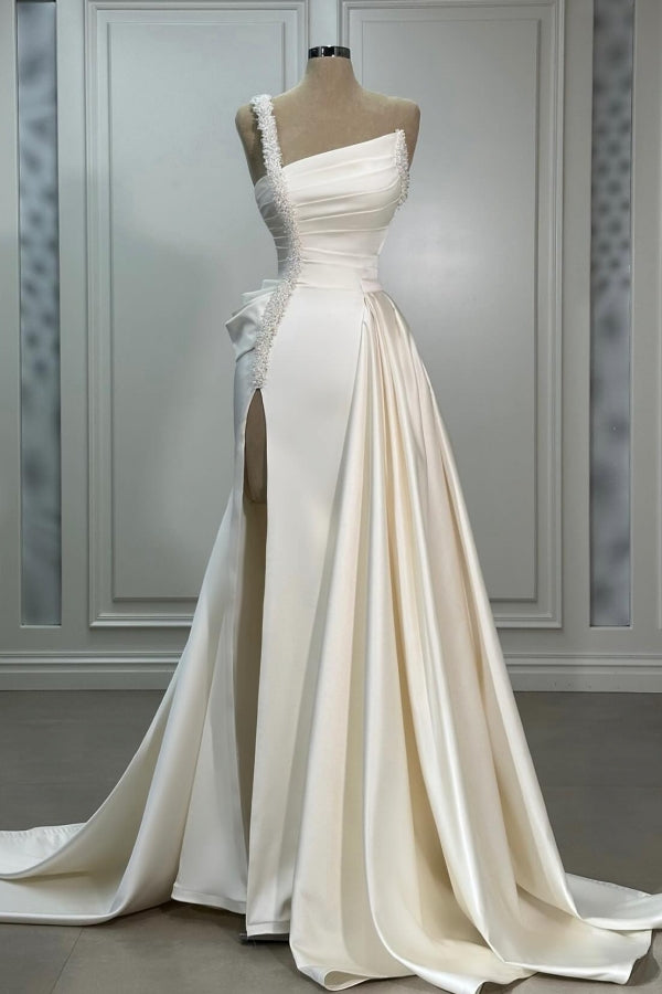 Robe de mariée élégante longue ivoire en ligne A, une épaule, perles, satin, sans manches, avec fente