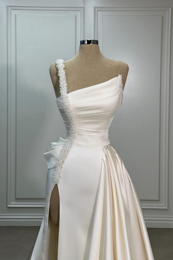 Robe de mariée élégante longue ivoire en ligne A, une épaule, perles, satin, sans manches, avec fente